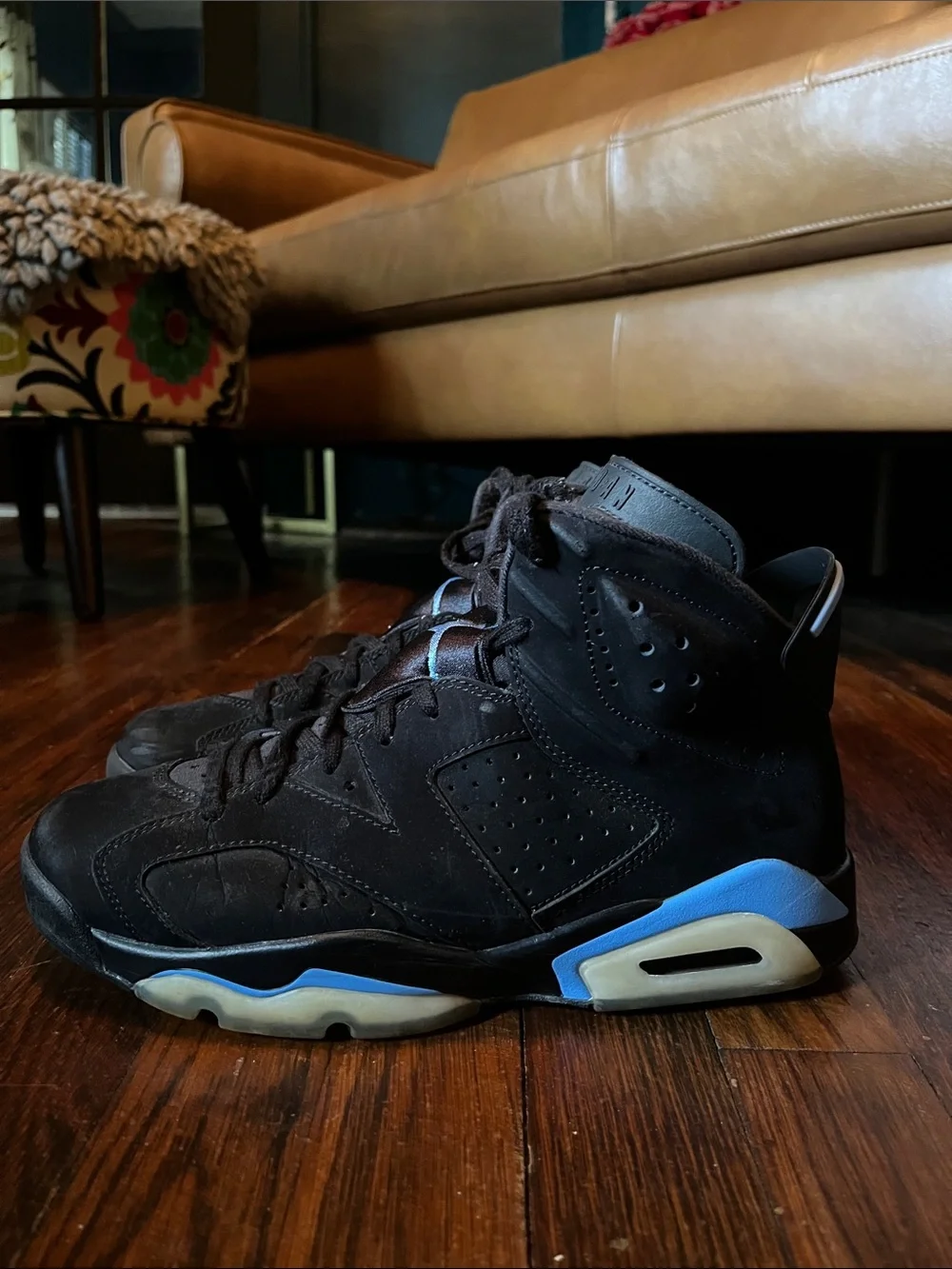 Jordan Men's Black Suede High-Top Sneakers with Light Blue Jumpman